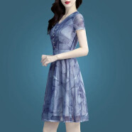 勇伦连衣裙女短袖2023夏季新款女装时尚气质雪纺裙子中长款蕾丝夏裙 3629蓝色 2XL（建议123-132斤）