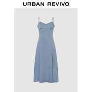 UR2025春季新款女装复古V领开衩吊带牛仔连衣裙UWM850055
