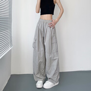 ANGEL MOOD薄款工装阔腿裤女夏季大码胖mm宽松显瘦冰丝速干休闲裤运动直筒裤 灰色加长 适合身高165CM以上穿 3XL 大 适合150-170斤穿