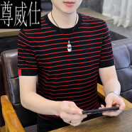 尊威仕（ZUNWEISHI）t恤男夏季休闲高端针织体恤男士冰丝条纹短袖圆领弹力半袖 1615红色 XL 180