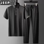 JEEP SPIRIT吉普奢华两件套男士夏季新款休闲运动套装男商务短袖冰丝套装 V黑色套装 XL 建议135-145斤