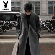花花公子英伦风大衣男春秋季中长款过膝潮牌宽松感西装领雅痞风衣外套 灰色 4XL 180-205斤可穿