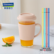Glasslock大容量耐高温钢化玻璃咖啡杯带杯盖杯套高颜值水杯 500ml浅粉色把杯礼盒装