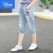 迪士尼（Disney）夏季女童裤子2025新款时尚牛仔七分裤女宝宝中裤洋气马裤中大童薄 浅蓝色 米奇女童中裤 115