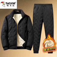 啄木鸟正品冬季羊羔绒休闲加绒加厚棉服棉裤马甲套装男防寒保暖衣 8912黑色外套+1733黑色束脚棉裤 2XL