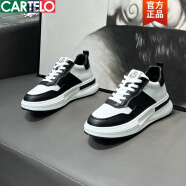卡帝乐鳄鱼（CARTELO）高端2025新款春季透气板鞋潮牌厚底休闲老爹鞋百搭男款小白运动鞋 白黑色单鞋 38 皮鞋码，鞋码偏大