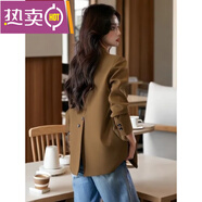 东方鸭后开叉小西装外套女春秋2024新款休闲韩版时尚高级感免烫西服 亚麻色款 M