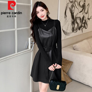 皮尔卡丹（pierre cardin）法式高级感收腰PU皮时尚气质连衣裙女秋季新款时尚吊带裙绝美小裙 黑色套装 90-130斤 均码