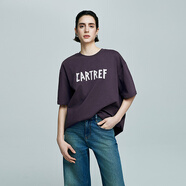 初棉艺术感字母印花美式短袖T恤女25春夏落肩宽松体恤吸湿速干 酱紫色 S