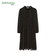 布景长袖连衣裙女2025春季新品通勤花边系带领波点中长雪纺裙2024 黄点 M
