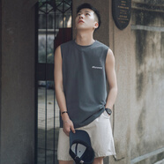 出阔无袖t恤男纯棉夏季日系潮牌宽松休闲运动健身沙滩跨栏坎肩背心男 浅灰色 M （建议90-110斤）