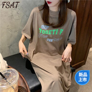 FSATT恤连衣裙女长款夏季2026新款慵懒风宽松休闲直筒超长裙子到脚踝 咖色【直筒裙/欧货/大版T恤/洋气 L 建议115-125斤