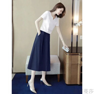 温莱蔓莎小香风套装两件套高端正品小个子微胖裙子休闲收腰大码棉麻半身裙 藏青色套装 XL (建议120-140斤)