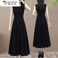 啄木鸟无袖高端雪纺长款连衣裙女夏季2025年新款妈妈气质洋气高贵长裙子 黑色 3XL (建议135-144斤)