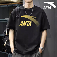 安踏（ANTA）t恤男士短袖夏季薄款圆领潮流大logo纯色舒适透气跑步上衣运动服 -2基础黑色/金标 XL (180) 适合140-160斤