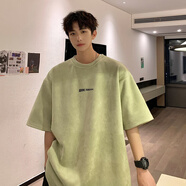 plory男装牛油果绿g重磅T恤男美式复古麂皮绒短袖oversize小领口 豆绿色 M