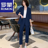 罗蒙（ROMON）轻奢女装韩版时尚气质西装外套女2024夏季修身显瘦职业西服外套女 藏青色【两件套】 2XL 【130-145斤】