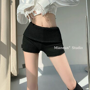 萨肯猫（SAKENMAO）设计感翻边收腰针织弹力短裤女纯欲辣妹修身显瘦低腰毛线包臀热裤 黑色 【原版面料 / 质量可对比】 XL 建议125-135斤