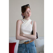 EGGKA法式交叉挂脖针织背心外穿女夏季新款修身气质显瘦短款上衣 米色 均码