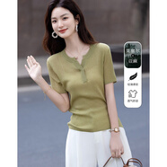 德玛纳【远离闷热】夏季亚麻莱赛尔混纺线衫V领短袖弹力针织衫女上衣