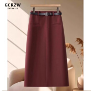 GCRZW轻奢气质半身裙女夏季2025新款开叉显瘦a字西装中长裙毛呢包臀裙 安可拉红-呢料 -后开叉 27/M建议100-110斤