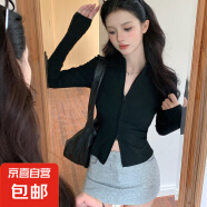 螺纹立领双拉链外套女春秋新款针织开衫修身百搭短款长袖上衣 黑色 XL 适合125-140斤