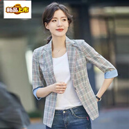 初径格子小西装外套2026新款网红时尚大码休闲韩版格纹七分袖小西服女 蓝色格纹 S