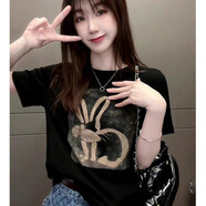 XCFREHT卡通兔子印花短袖T恤女早春2026新款韩版复古时尚百搭打底衫上衣 黑色纯棉 S 建议70-85斤