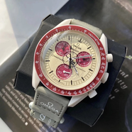 斯沃琪（Swatch）联名系列石英机芯30米防水男表42mm米色表盘生物陶瓷表壳织物表带 灰色表带