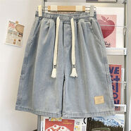 浩术美式牛仔短裤男款夏季薄款牛仔五分裤松紧腰宽松美式复古高街短裤 陶潮 1089浅蓝 L 【建议100-120斤】