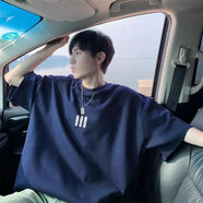 plory男装g重磅美式纯棉短袖T恤男夏季潮牌宽松小领口七分袖情侣 藏青色 3XL