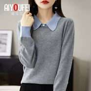 瑷优霏（aiyoufei）新款洋气娃娃领针织衫女春秋外穿宽松时尚毛衣女士上衣内搭打底衫 蓝领灰色 L建议105-115斤左右