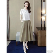 温莱蔓莎小香风套装两件套高端正品小个子微胖裙子休闲收腰大码棉麻半身裙 卡其色套装 M (建议100斤内)