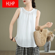 HLHP2025新款夏季复古褶皱苎麻宽松背心棉麻女装洋气无袖外穿上衣t恤 白色 L 建议115-125斤