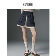 束皙SUSHE复古电影感棉麻格纹夹克A字半裙套装女春青冥蓝-半身裙L