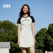 森马（Semir）连衣裙女撞色插肩袖腰部抽褶显瘦长裙2024夏新款复古美式休闲裙子 黑色调00399-长款 S