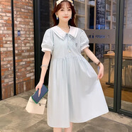 景怡依2025夏季新款偏胖女生裙子胖女孩纯棉胖童胖子大童学生宽松连衣裙 浅蓝色 XL