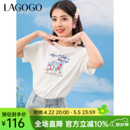 lagogo拉谷谷猫咪花朵小白T春夏新款圆领字母印花短袖T恤女正肩 本白色（V1） M 160/38