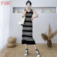 FSHE长款休闲条纹针织背心连衣裙女春秋季新款法式显瘦无袖打底吊带裙 黑条纹 S (建议75-90体重 )