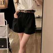 纯棉洗水夏季韩版新款高腰显瘦大码短裤阔腿裤大码休闲裤女装裤子 黑色【没腰带】 XL 【建议115-130斤】