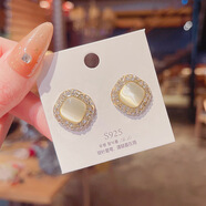 新中式平安如意锁猫眼石耳环小众感耳饰镶钻耳扣气质七夕礼物 方块镶钻耳环