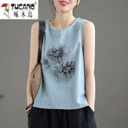 啄木鸟纯棉文艺范棉麻背心女纯色印花显瘦无袖圆领衫百搭吊带背心夏 浅蓝色 4XL 建议150-160斤