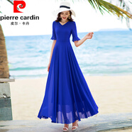 皮尔卡丹（pierre cardin）连衣裙女装度假纯色五分袖新款长裙过膝沙滩裙大码夏季V领大摆裙 宝蓝色 2XL 【建议120-130斤