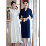 顾眷年高端喜婆婆婚宴装旗袍中式刺绣礼服裙喜娘妈妈婚礼礼服修身连衣裙 蓝色V领七分袖B139 M