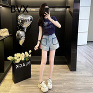 BVX女装夏季套装新款小个子气质显瘦短袖上衣牛仔短裤时尚休闲两件套 图色 L