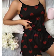 莫代尔欧美风夏季欧美休闲性感小吊带爱心印花短裤两件套家居服女士 黑色 S