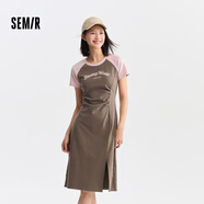 森马（Semir）连衣裙女撞色插肩袖腰部抽褶显瘦长裙2024夏新款复古美式休闲裙子 咖色调00355-长款 M