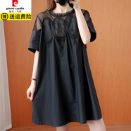 皮尔卡丹（pierre cardin）大码女装200斤夏装胖妹妹洋气蕾丝网纱拼接连衣裙显瘦高腰公主裙 黑色短袖 2XL 【160-180斤】