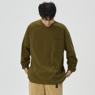型曼300克重磅纯色口袋长袖T恤男2022秋季新款简约纯色休闲上衣服 军绿色 M（宽松版）