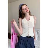 EGGKA韩系复古翻领无袖针织背心女夏季修身气质显瘦开衫短款上衣 杏色 均码